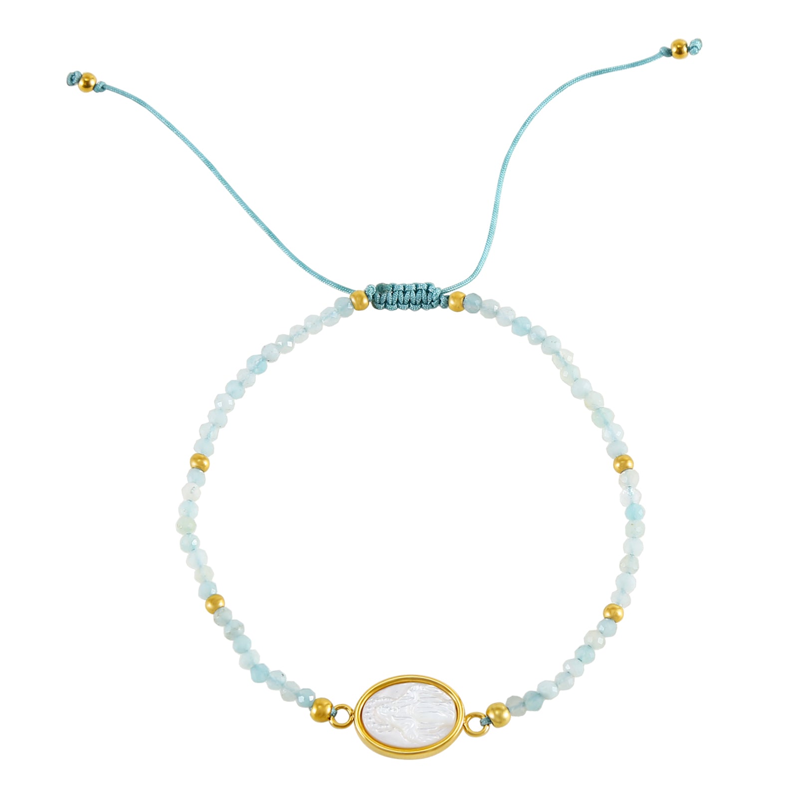 Pulsera Virgen Milagrosa de nácar con piedra natural azul y diseño religioso delicado