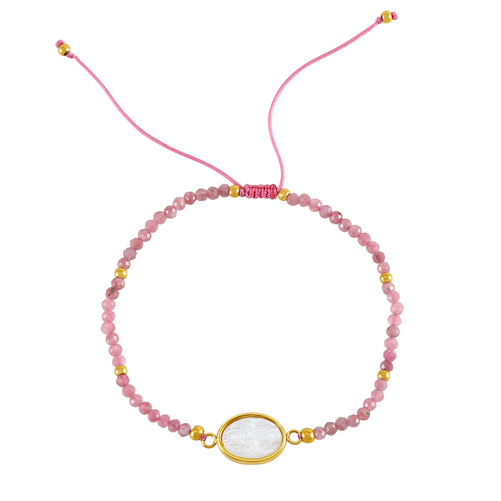 Pulsera Virgen Milagrosa de nácar con piedra natural en tonos suaves y medalla dorada