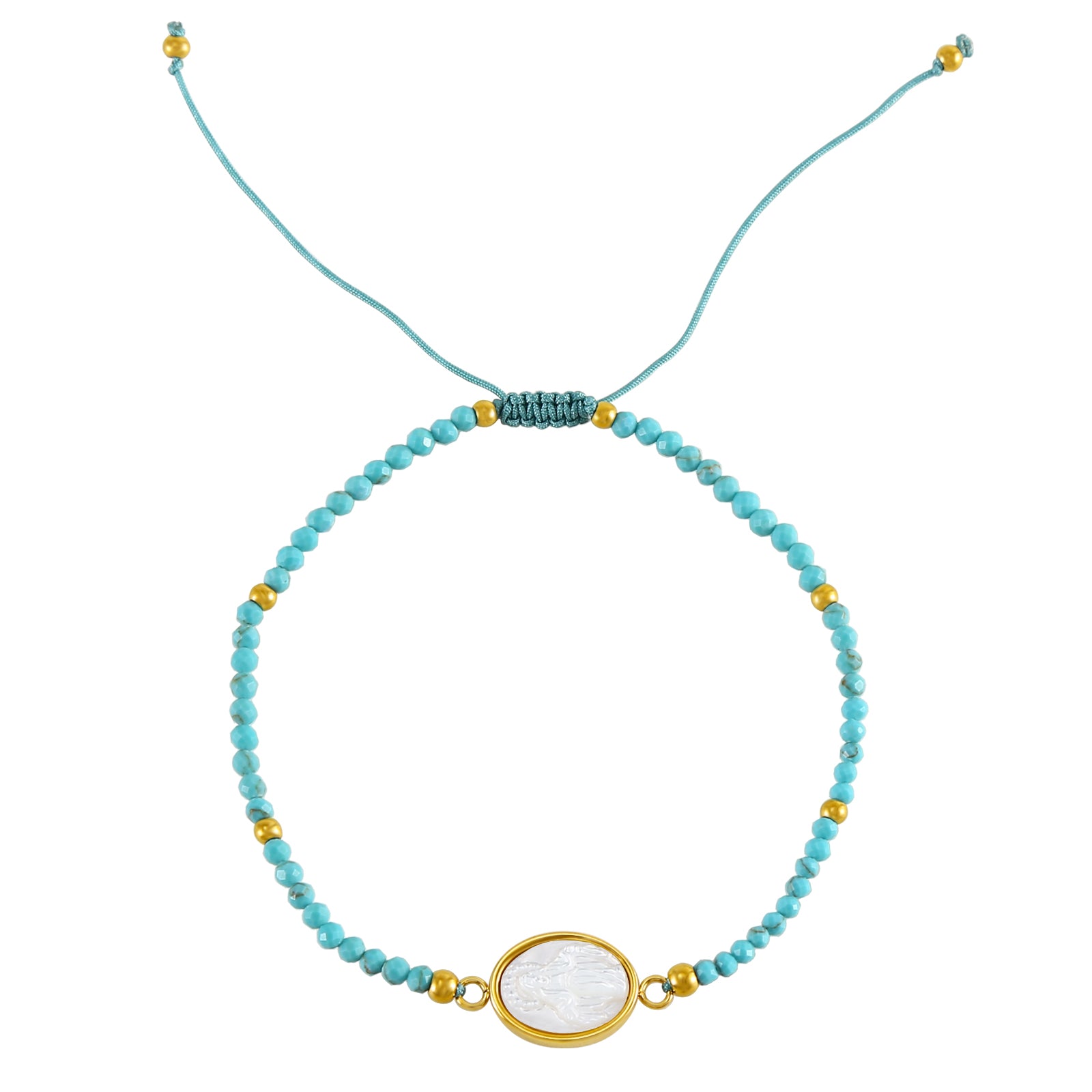 Pulsera Virgen Milagrosa de nácar con piedra natural en tono turquesa y acabado dorado