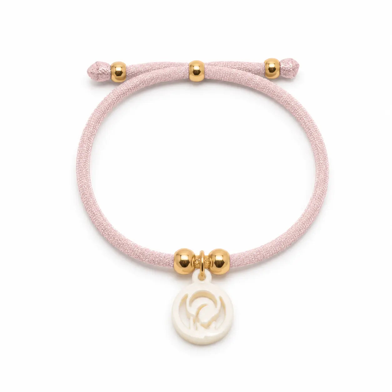 Pulsera Virgen Niña con cordón elástico rosa y medalla de acetato, ideal regalo de comunión