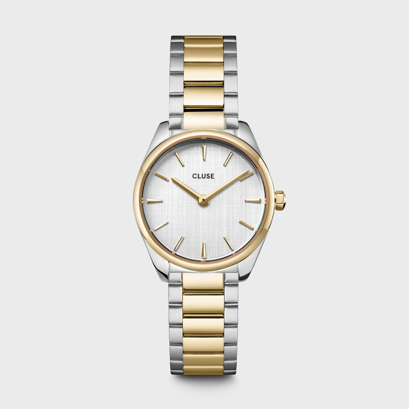 Reloj Cluse Féroce Mini bicolor con esfera plateada en vista frontal