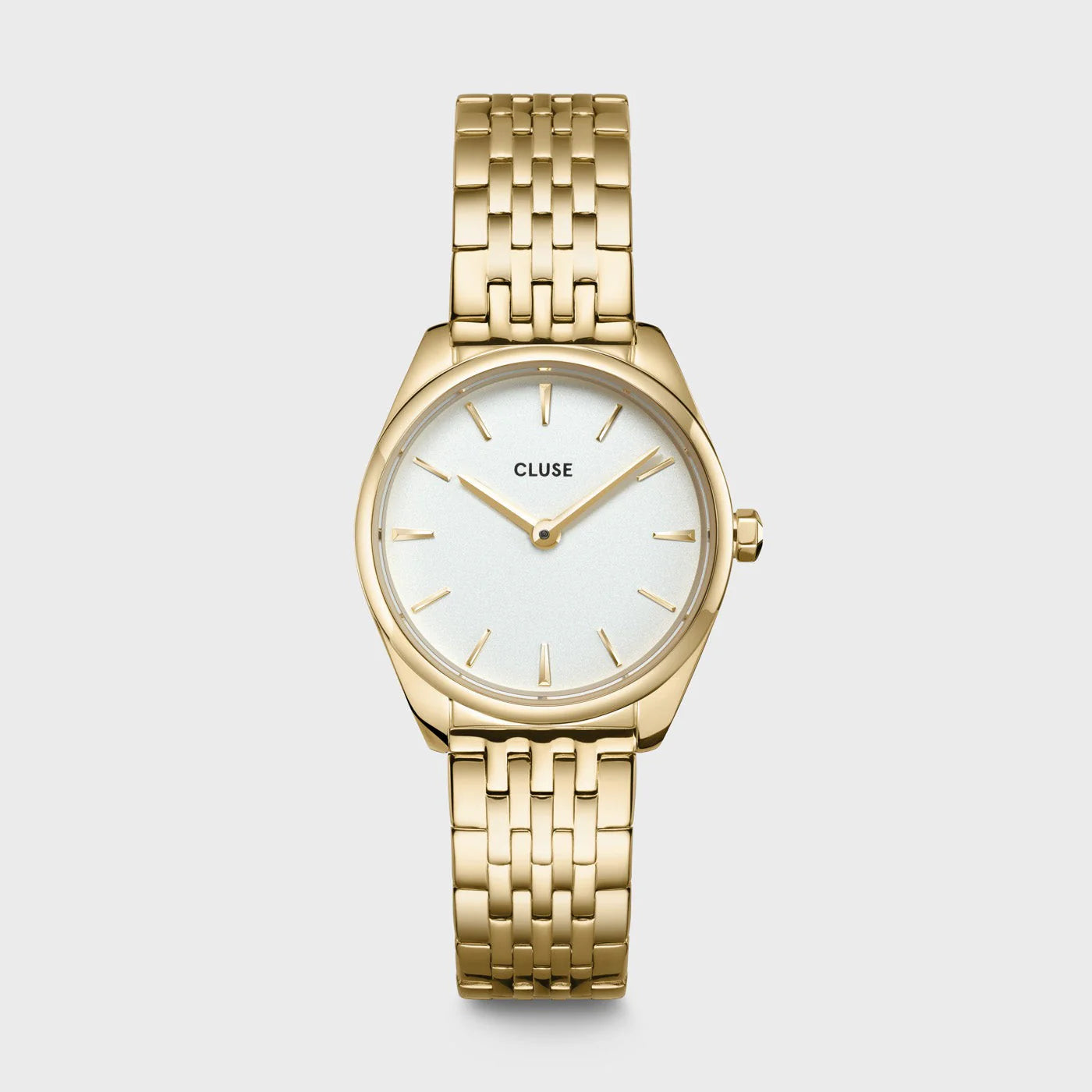 Reloj Cluse Féroce Mini White Gold en vista frontal con esfera blanca y correa dorada