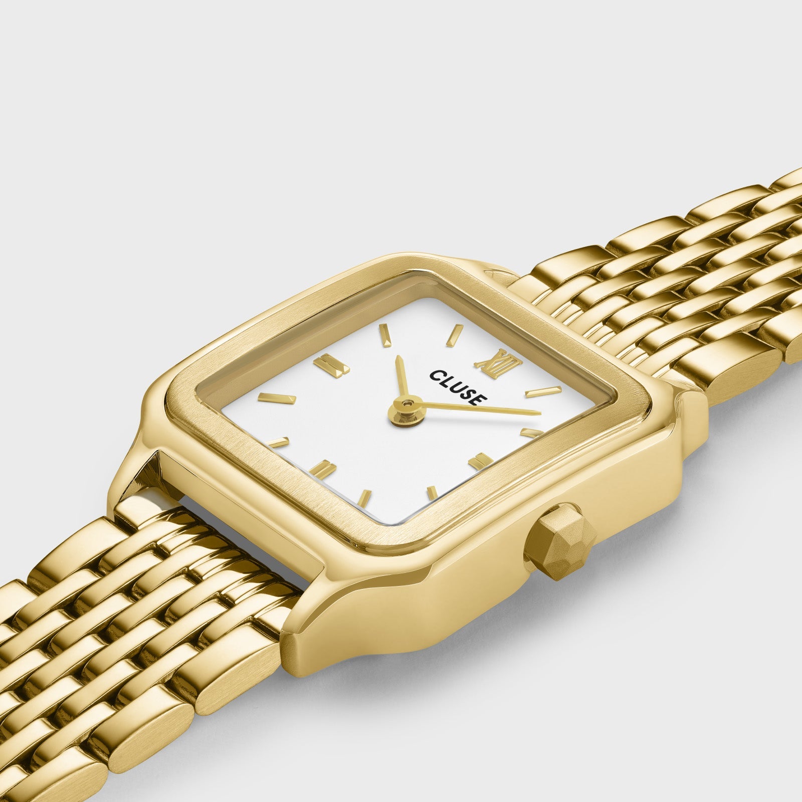 Detalle del reloj Cluse Gracieuse Petite dorado y blanco