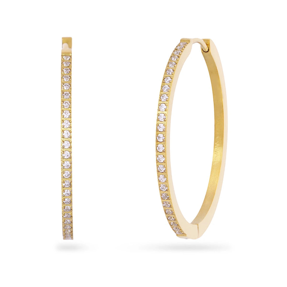 Aros con Circonitas Blancas 35 mm en dorado, de frente y de perfil