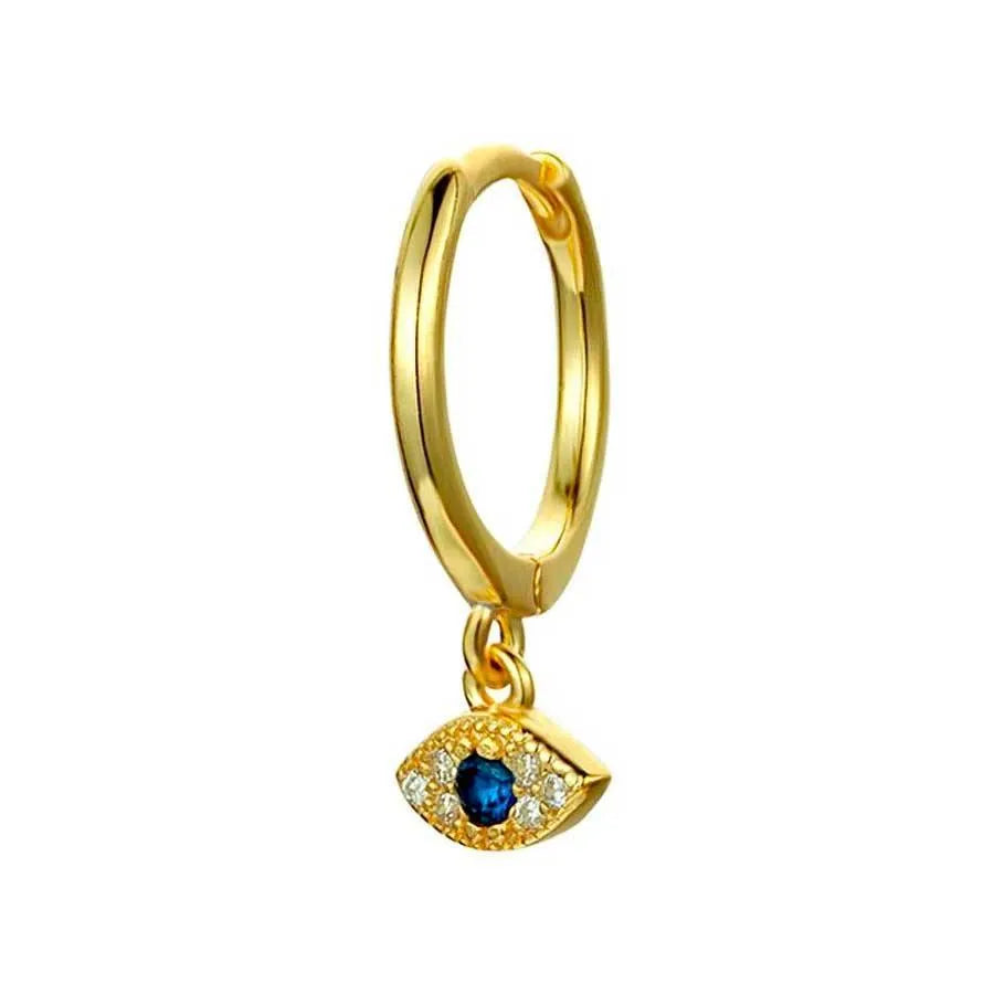 Detalle del aro con ojo de circonitas azules y blancas, pendiente luminoso y original