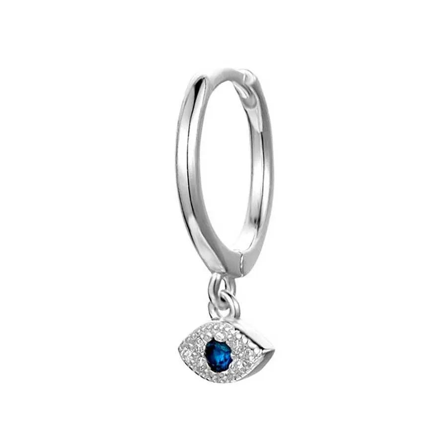 Pendiente aro con ojo de circonitas, accesorio delicado con brillo azul y blanco