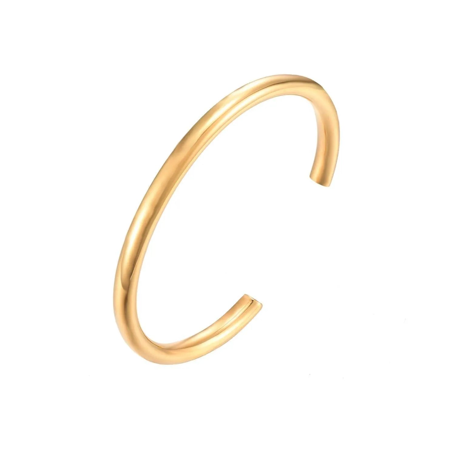 Brazalete ancho abierto de acero, diseño rígido con presencia y acabado elegante