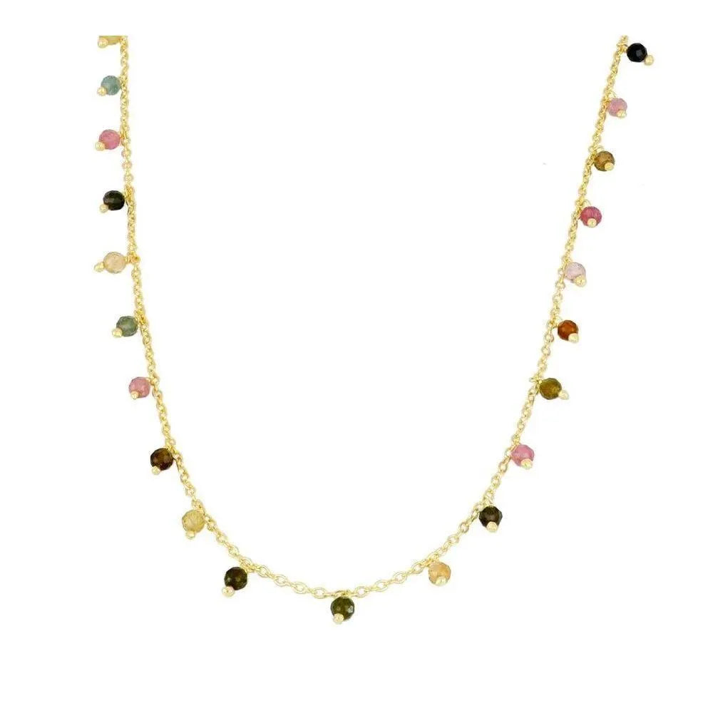 Collar de piedras semipreciosas en varios colores sobre cadena fina, vista principal