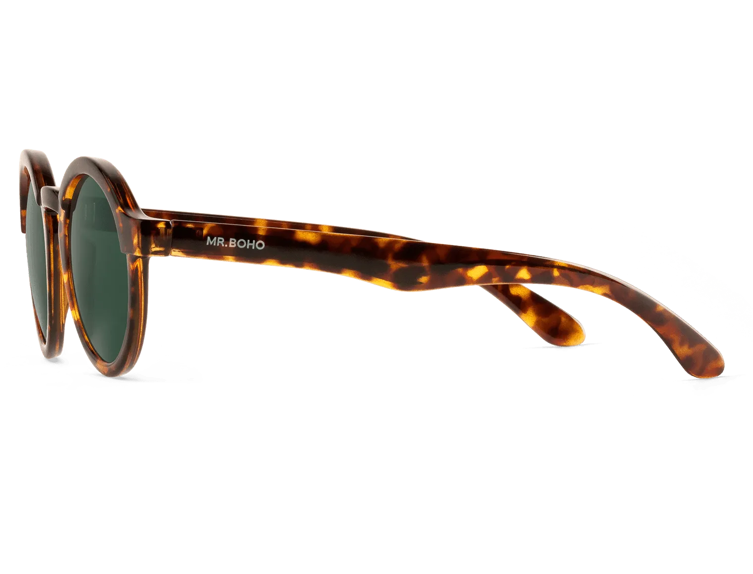 Gafas de sol Mr. Boho DALSTON Cheetah Tortoise en vista oblicua, mostrando montura y lentes