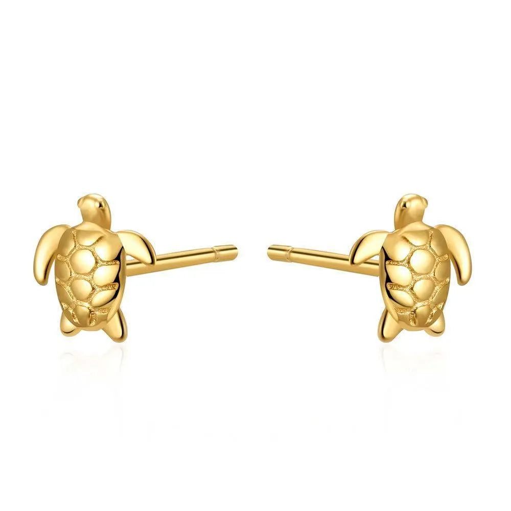 Pendiente con forma de tortuga en plata de ley 925 y baño de oro, diseño pequeño y original