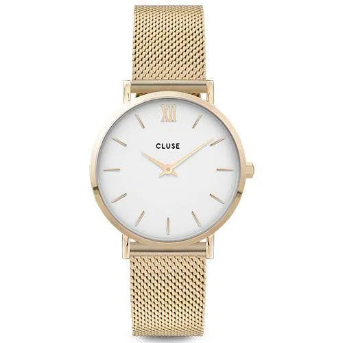 Reloj Cluse Minuit Mesh blanco y oro en vista principal, diseño elegante y minimalista