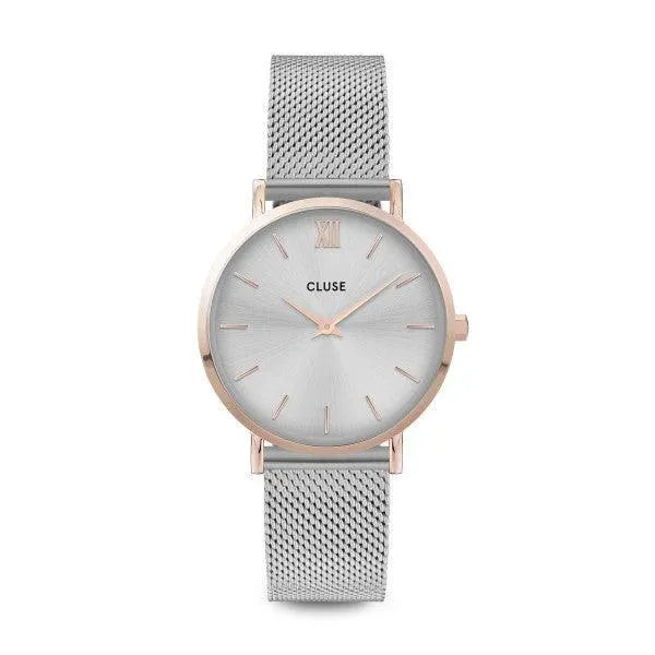 Reloj Cluse Minuit Mesh oro rosa y plata en vista principal